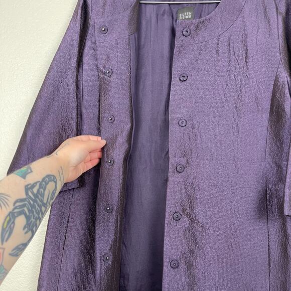 Eileen Fisher Purple Silk Crinkle Snap Button 3/4 Sleeve Jacket Small - Picture 4 of 12